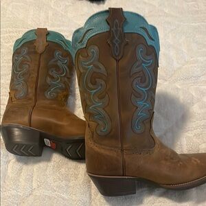 Brown Leather Womens Cowboy Boots with Turquoise Stitching